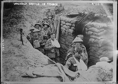 Wounded British soldiers in a trench during World War I. (Library of 
