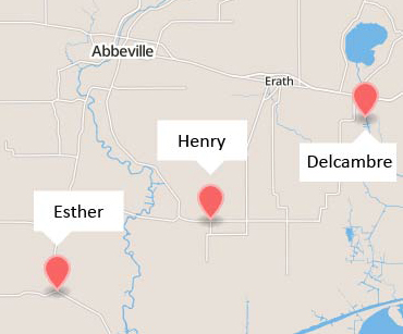 Map of three Louisiana towns: Esther, Henry and Delcambre